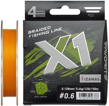 Шнур Favorite X1 PE 4x 150m (orange) #0.6/0.128mm 12lb/5.4kg