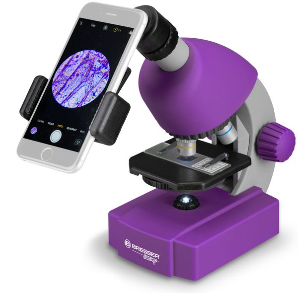 Микроскоп Bresser Junior 40x-640x Purple с набором для опытов и адаптером для смартфона (8851300GSF000)