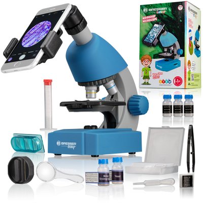 Микроскоп Bresser Junior 40x-640x Blue с набором для опытов и адаптером для смартфона (8851300WXH000)