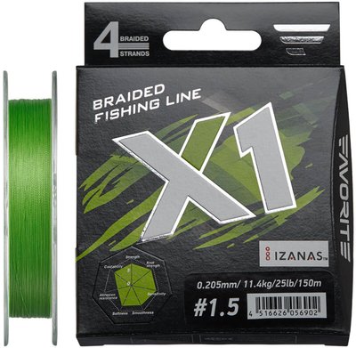 Шнур Favorite X1 4x 150m (l.green) #1.5/0.205mm 25lb/11.4kg