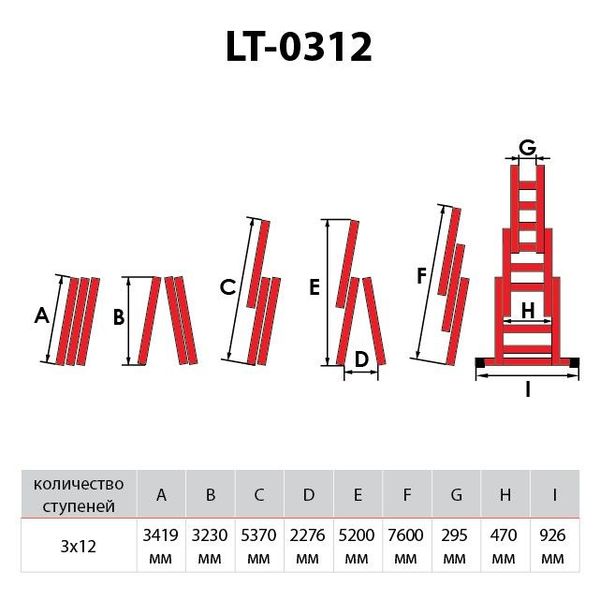 Драбина алюмінієва 3-х секційна універсальна розкладна 3*12ступ. 7.89 м, LT-0312