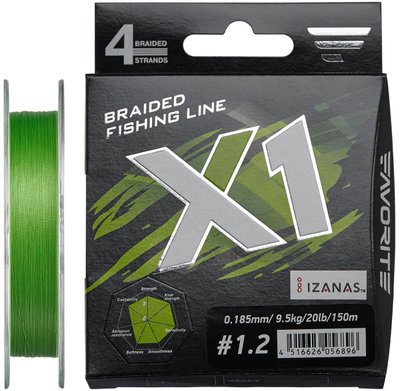 Шнур Favorite X1 4x 150м (l.green) #1.2/0.185mm 20lb/9.5kg